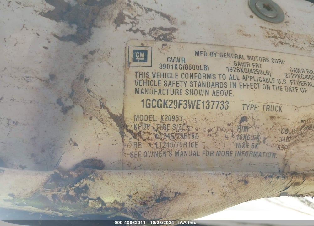 1998 CHEVROLET K2500 FLEETSIDE VIN: 1GCGK29F3WE137733