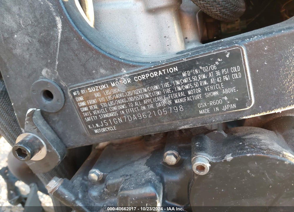 2006 SUZUKI GSX-R600 K6 VIN: JS1GN7DA962105798
