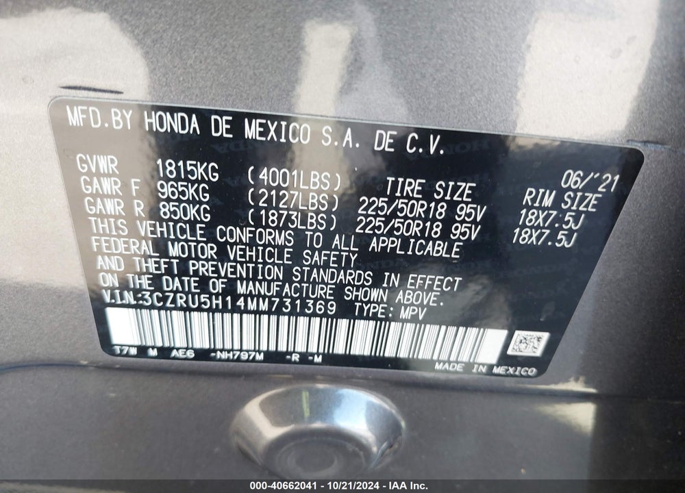 2021 HONDA HR-V 2WD SPORT VIN: 3CZRU5H14MM731369
