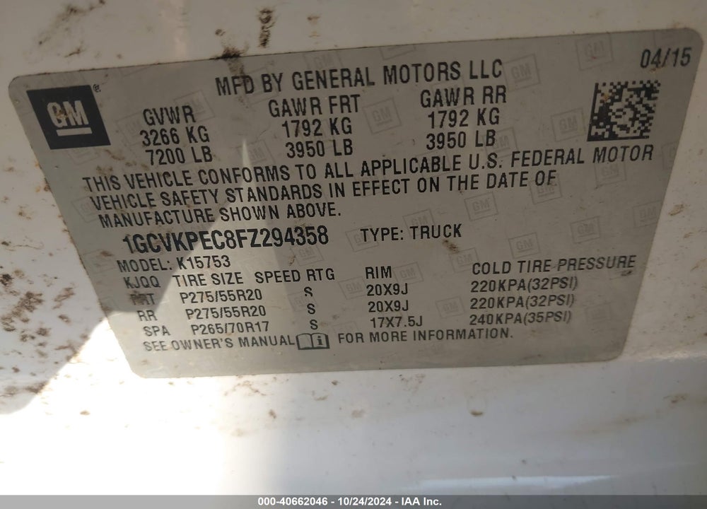 2015 CHEVROLET SILVERADO 1500 LS VIN: 1GCVKPEC8FZ294358
