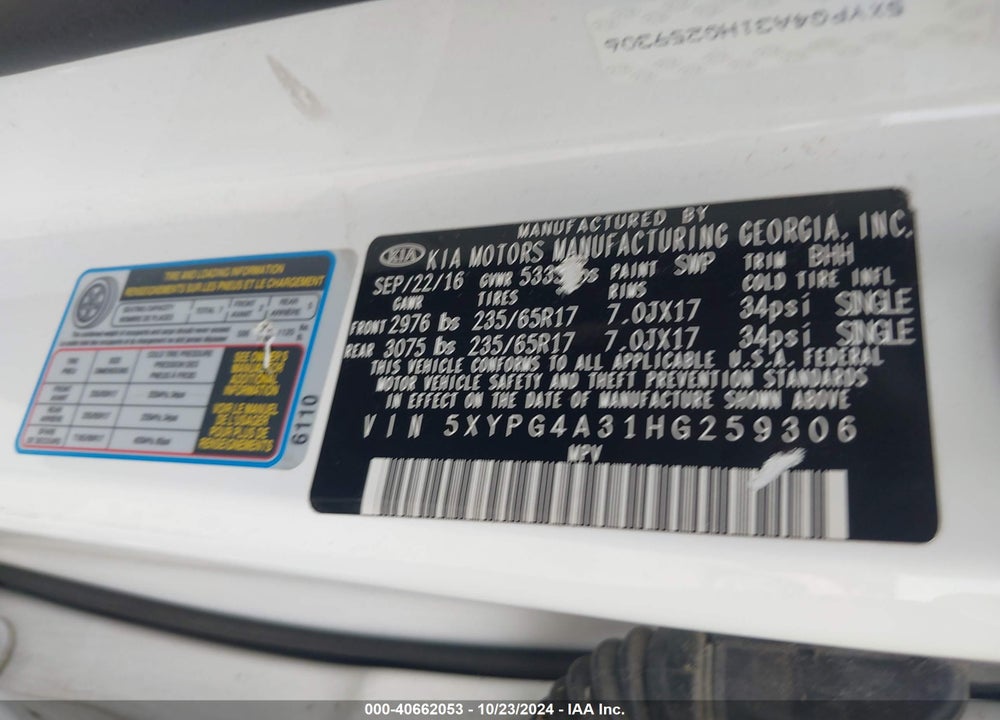 2017 KIA SORENTO 2.4L LX VIN: 5XYPG4A31HG259306