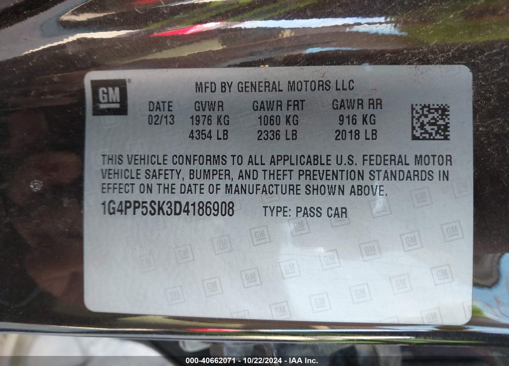 2013 BUICK VERANO VIN: 1G4PP5SK3D4186908