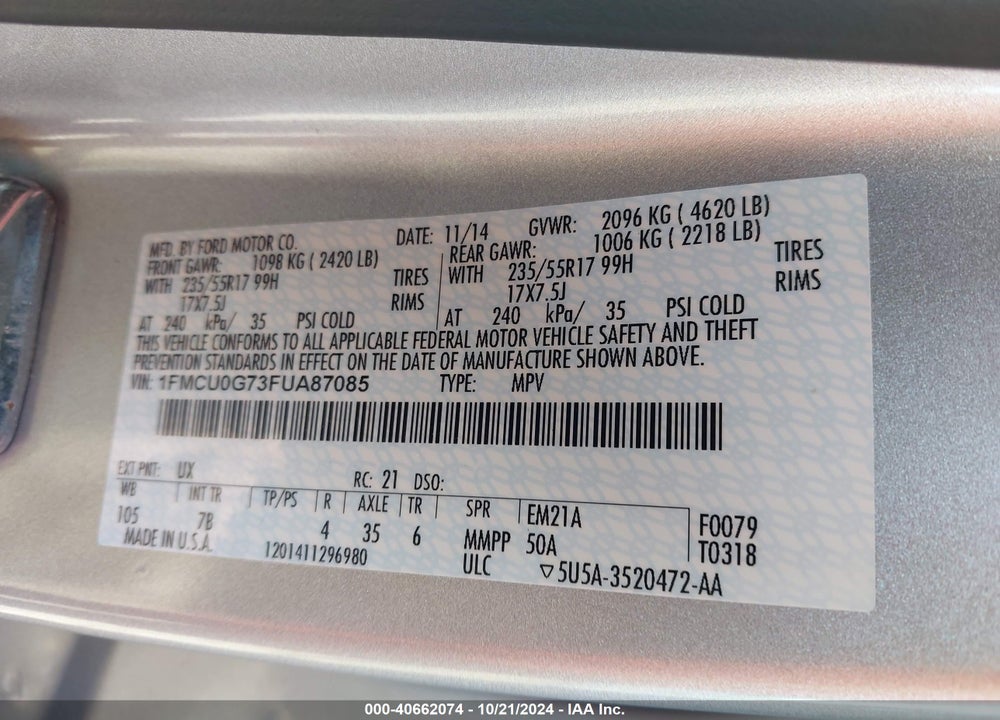 2015 FORD ESCAPE SE VIN: 1FMCU0G73FUA87085