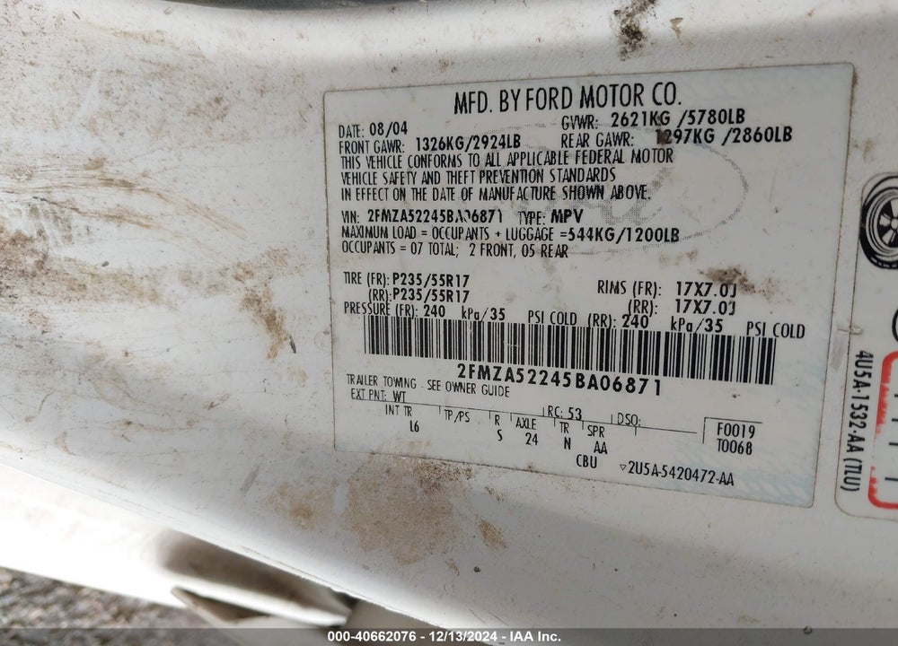 2005 FORD FREESTAR SEL VIN: 2FMZA52245BA06871