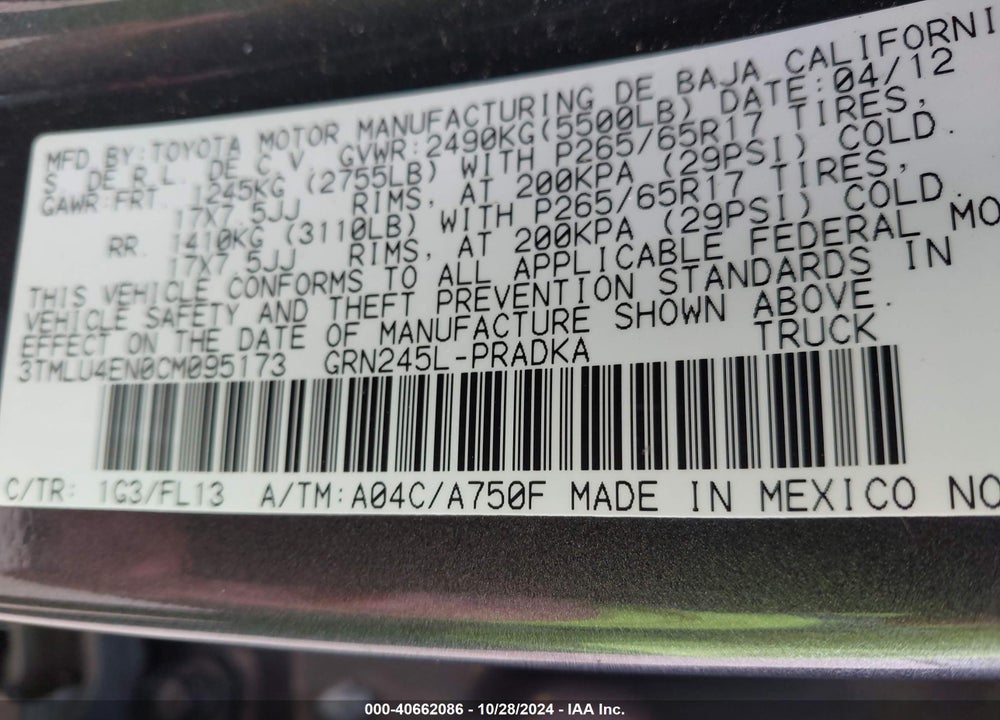 2012 TOYOTA TACOMA DOUBLE CAB VIN: 3TMLU4EN0CM095173