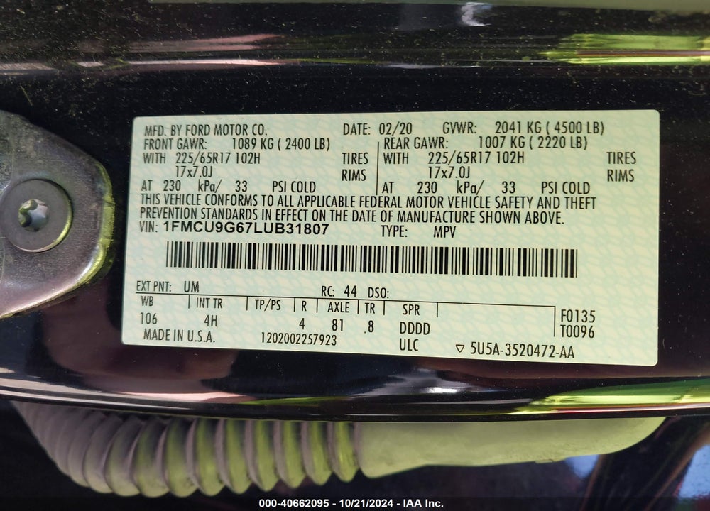 2020 FORD ESCAPE SE VIN: 1FMCU9G67LUB31807