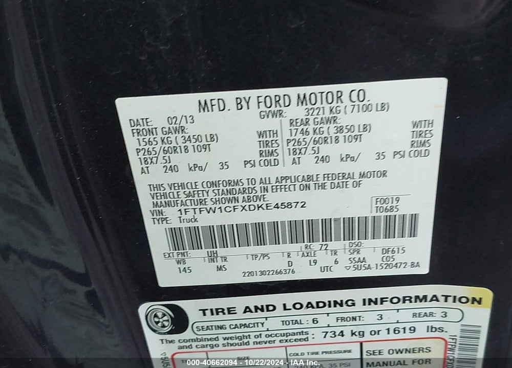 2013 FORD F-150 XLT VIN: 1FTFW1CFXDKE45872