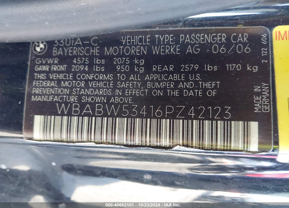 2006 BMW 330CI VIN: WBABW53416PZ42123