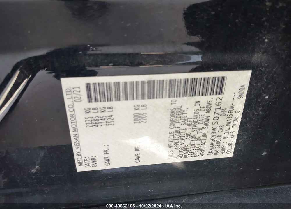 2021 NISSAN MAXIMA SV XTRONIC CVT VIN: 1N4AA6CV9MC507162