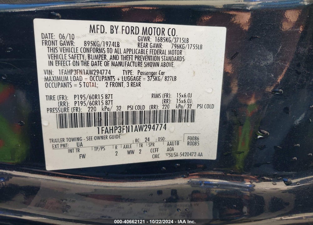 2010 FORD FOCUS SE VIN: 1FAHP3FN1AW294774