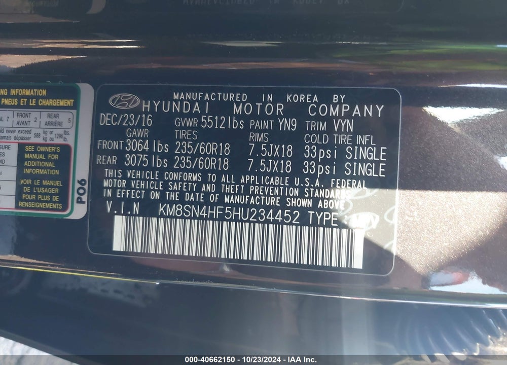 2017 HYUNDAI SANTA FE SE VIN: KM8SN4HF5HU234452