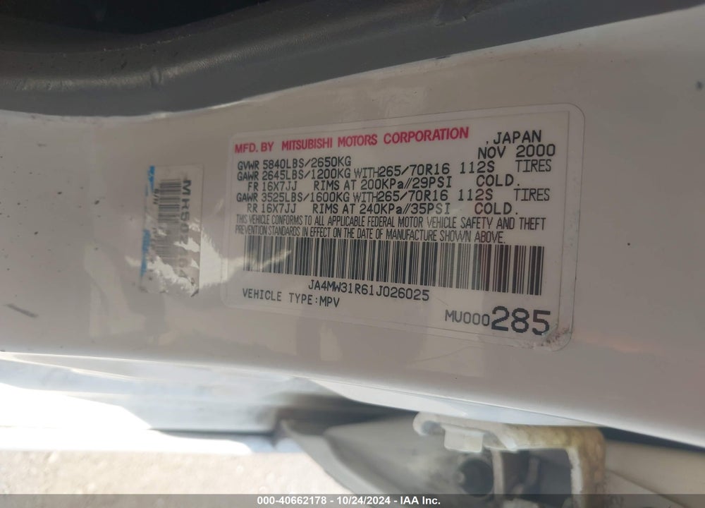 2001 MITSUBISHI MONTERO XLS VIN: JA4MW31R61J026025
