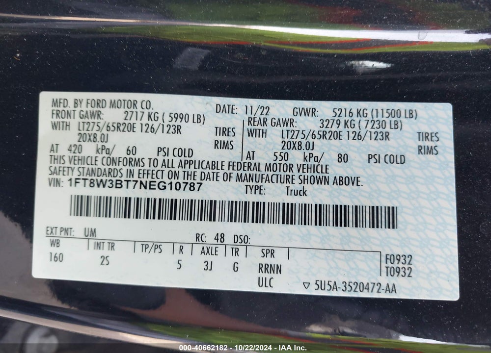 2022 FORD F-350 XLT VIN: 1FT8W3BT7NEG10787