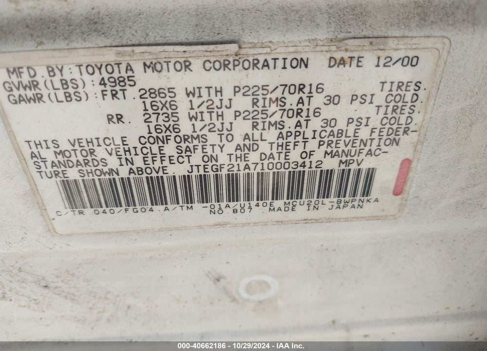2001 TOYOTA HIGHLANDER V6 VIN: JTEGF21A710003412