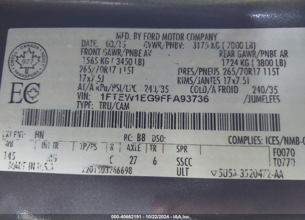 2015 FORD F-150 XLT VIN: 1FTEW1EG9FFA93736