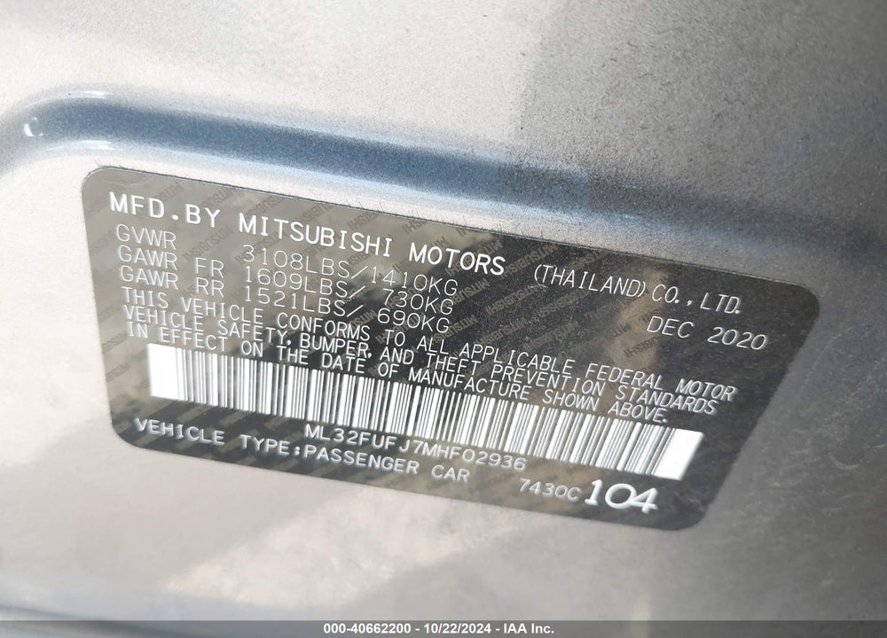 2021 MITSUBISHI MIRAGE G4 CARBONITE EDITION/ES/LE VIN: ML32FUFJ7MHF02936