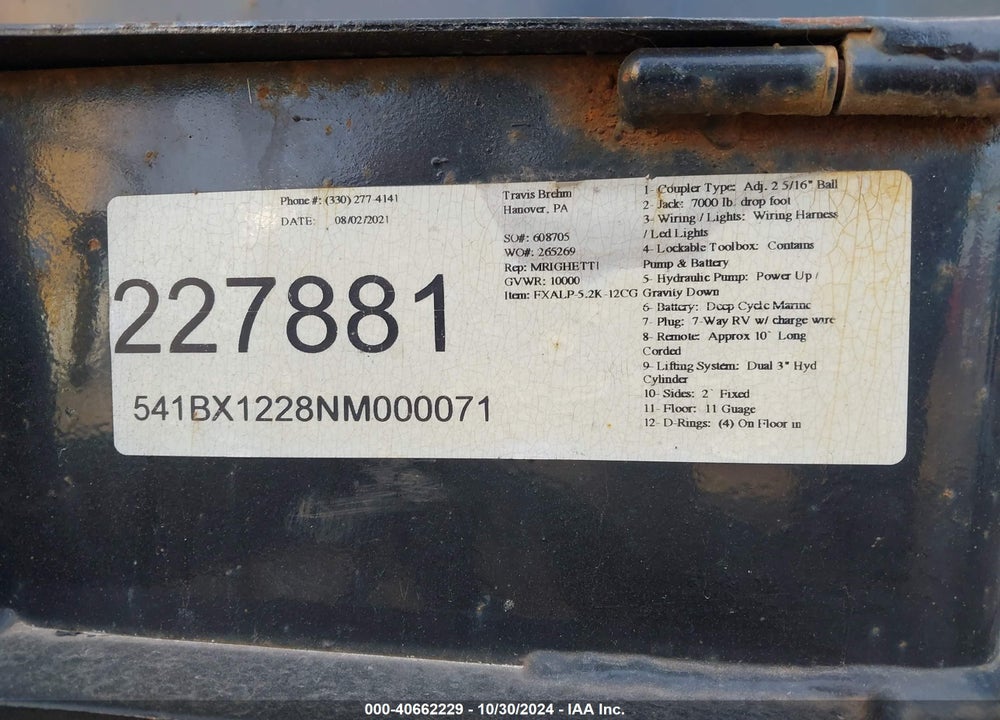 2022 APPALACIAN TRAILER VIN: 541BX1228NM000071