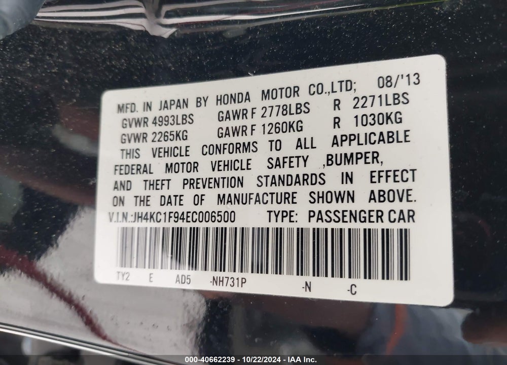 2014 ACURA RLX VIN: JH4KC1F94EC006500