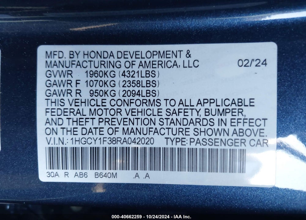 2024 HONDA ACCORD VIN: 1HGCY1F38RA042020