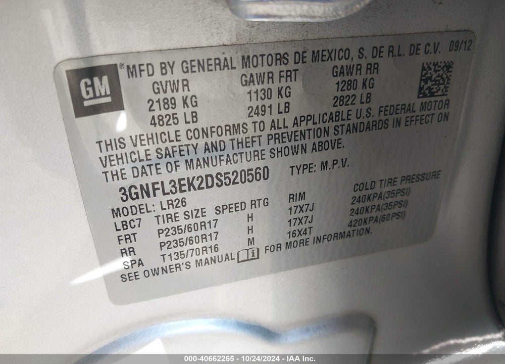 2013 CHEVROLET CAPTIVA SPORT LT VIN: 3GNFL3EK2DS520560