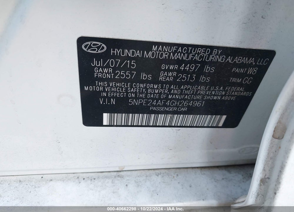 2016 HYUNDAI SONATA SE VIN: 5NPE24AF4GH264961