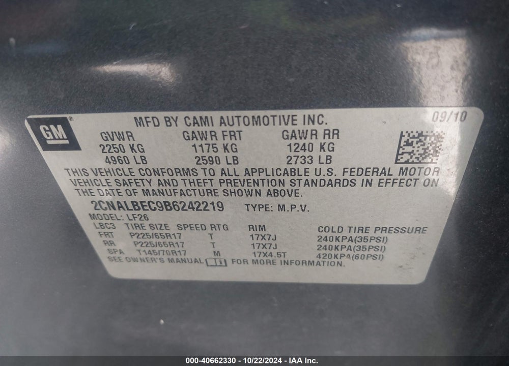 2011 CHEVROLET EQUINOX LS VIN: 2CNALBEC9B6242219