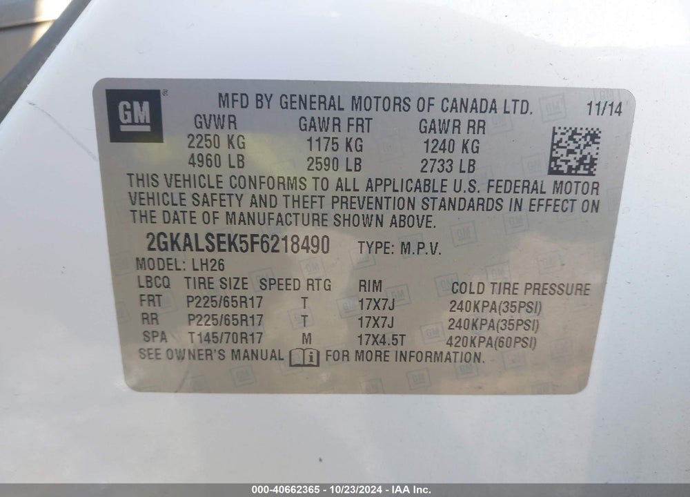 2015 GMC TERRAIN SLT-1 VIN: 2GKALSEK5F6218490