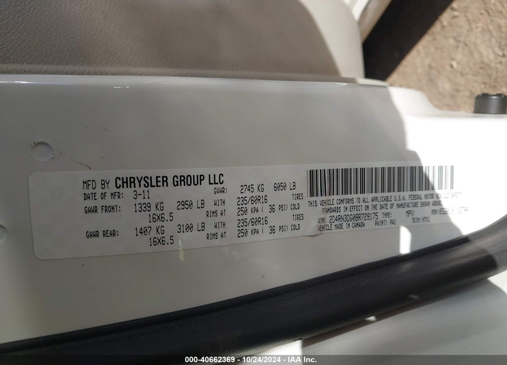 2011 DODGE GRAND CARAVAN MAINSTREET VIN: 2D4RN3DG0BR729175