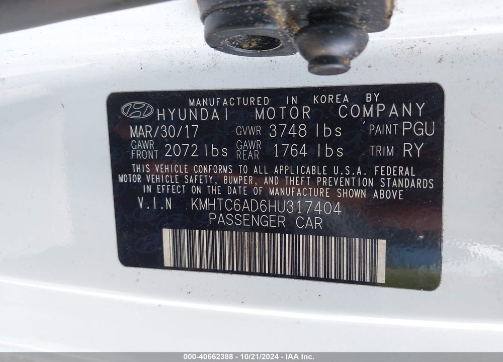 2017 HYUNDAI VELOSTER VIN: KMHTC6AD6HU317404