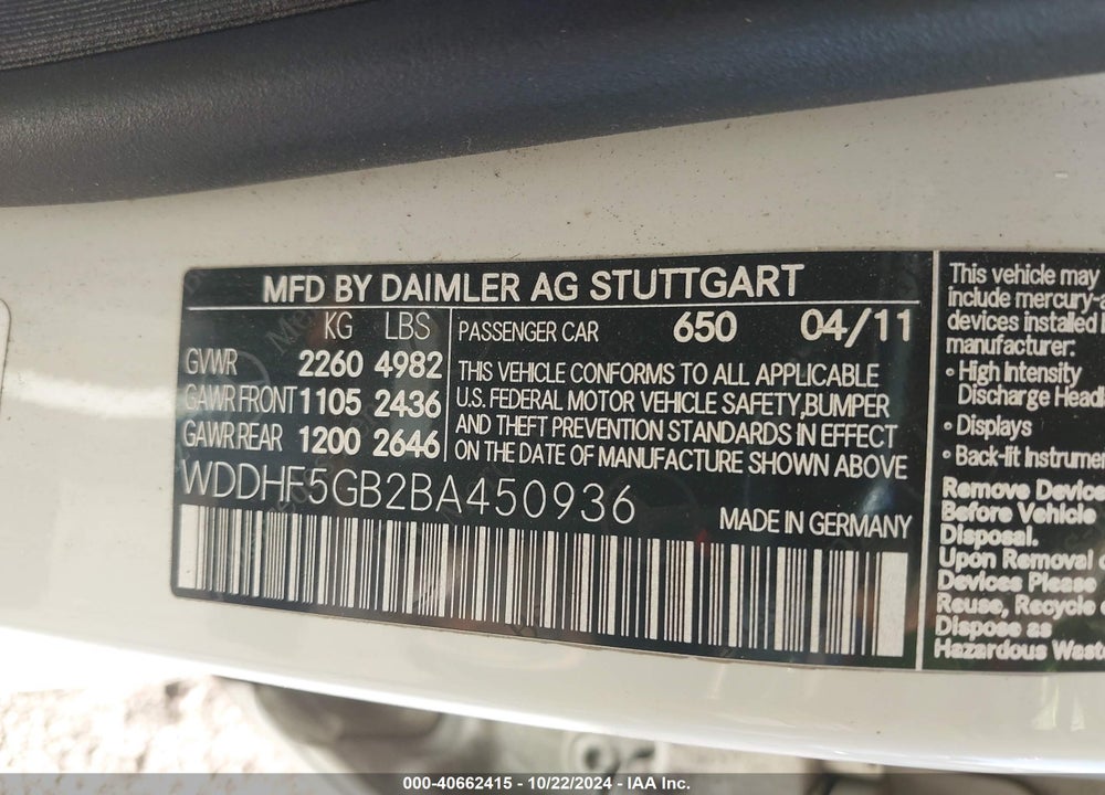 2011 MERCEDES-BENZ E 350 VIN: WDDHF5GB2BA450936