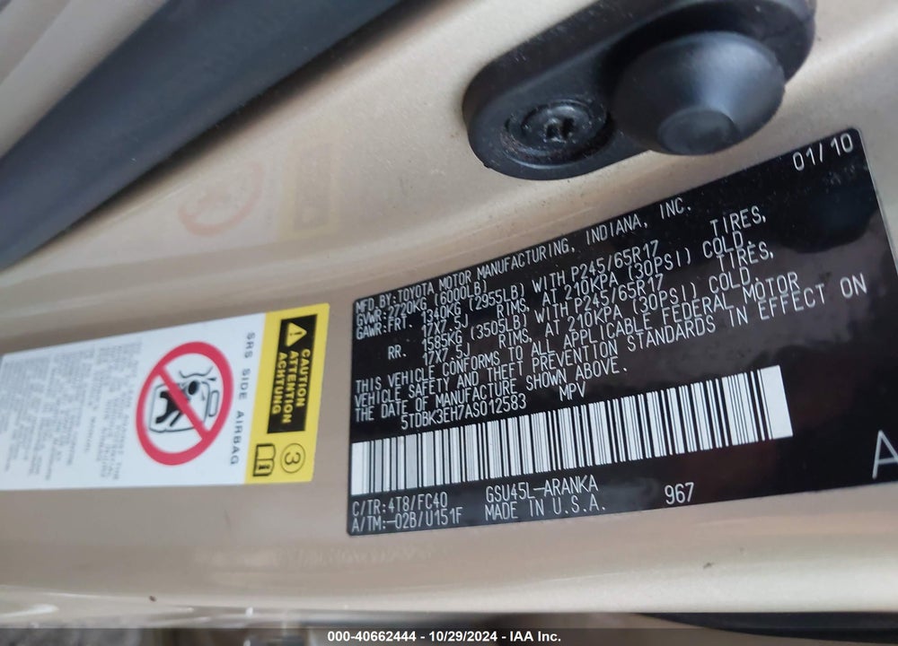 2010 TOYOTA HIGHLANDER BASE V6 VIN: 5TDBK3EH7AS012583