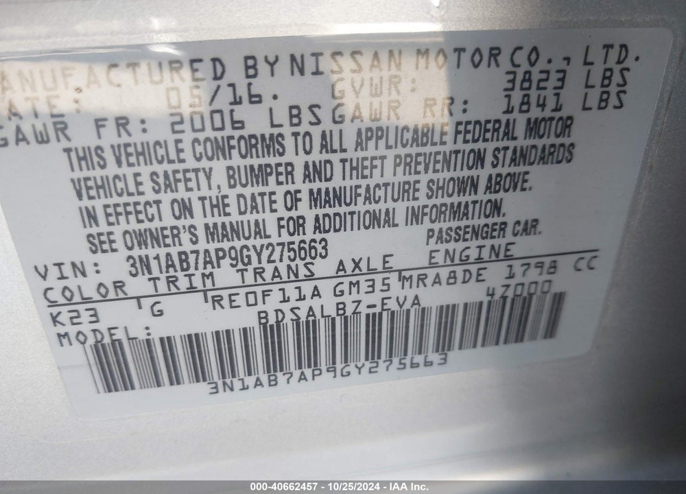 2016 NISSAN SENTRA FE+ S/S/SL/SR/SV VIN: 3N1AB7AP9GY275663