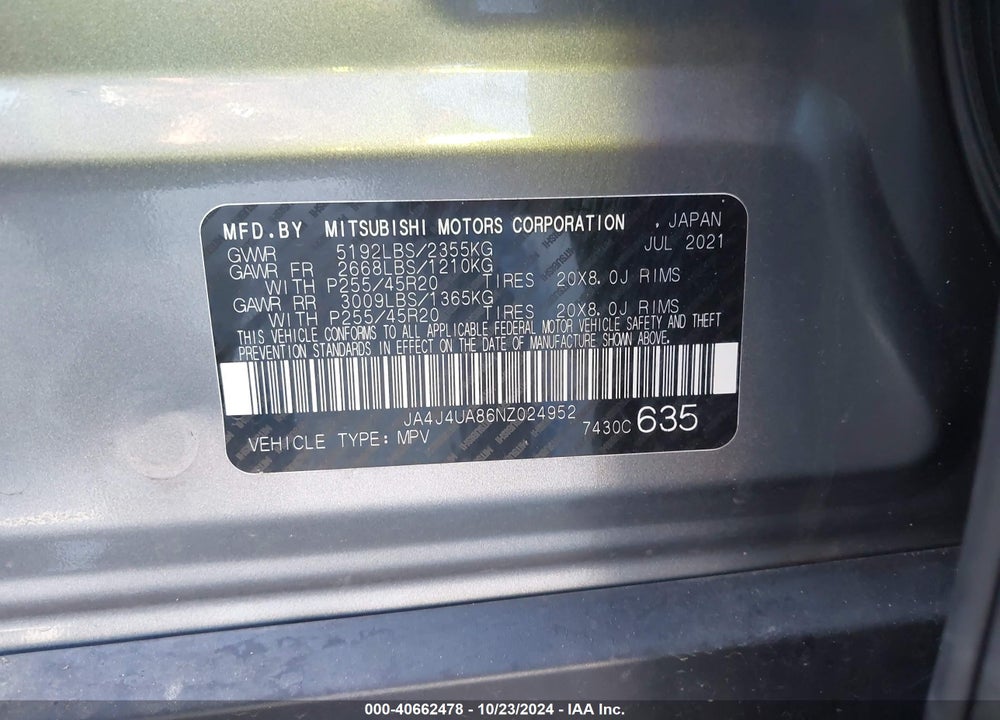 2022 MITSUBISHI OUTLANDER BLACK EDITION /SE 2.5 /SE LAUNCH EDITION VIN: JA4J4UA86NZ024952
