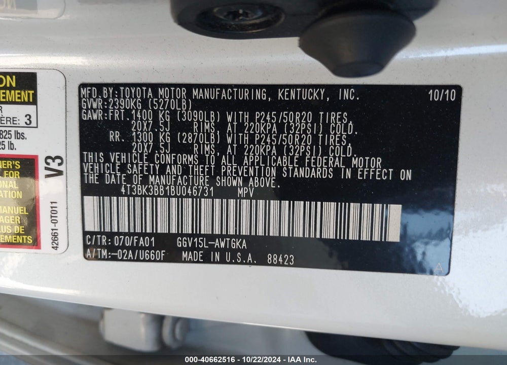 2011 TOYOTA VENZA BASE V6 VIN: 4T3BK3BB1BU046731