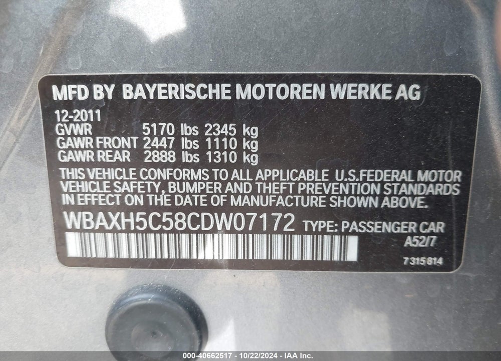 2012 BMW 528I XDRIVE VIN: WBAXH5C58CDW07172