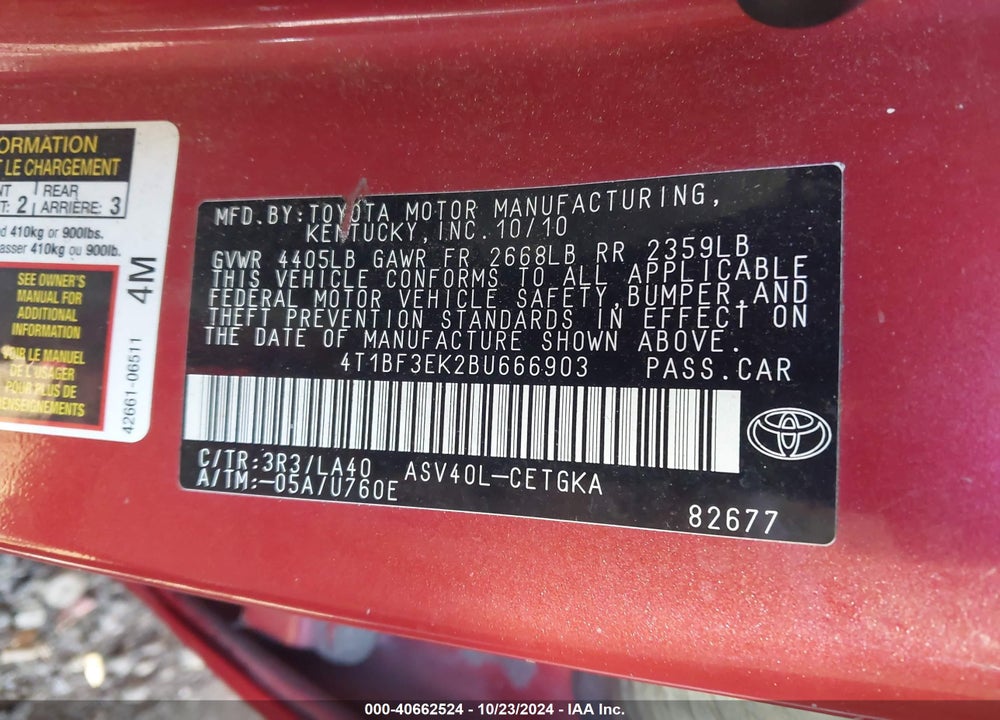 2011 TOYOTA CAMRY XLE VIN: 4T1BF3EK2BU666903