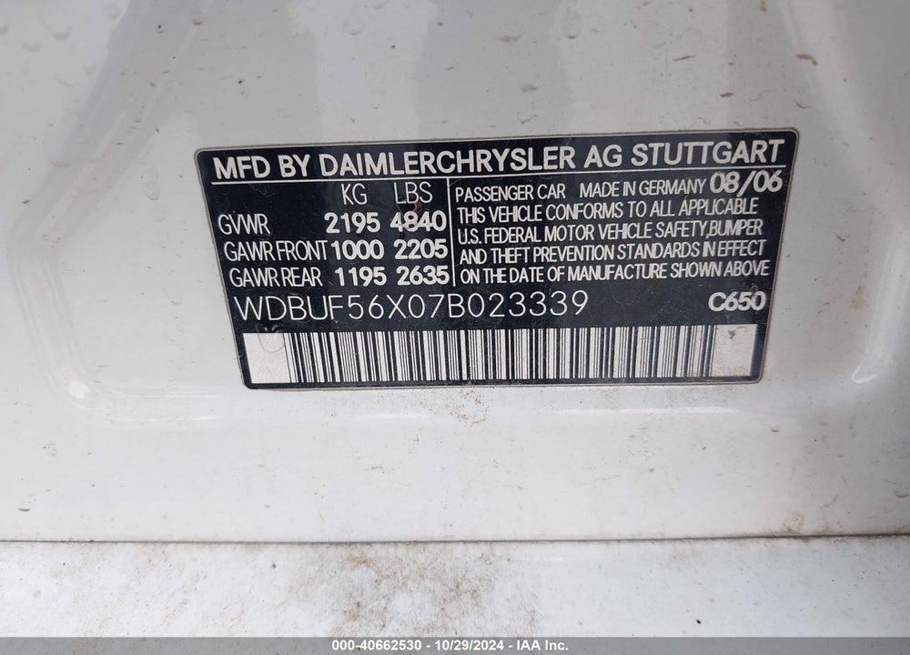 2007 MERCEDES-BENZ E 350 VIN: WDBUF56X07B023339