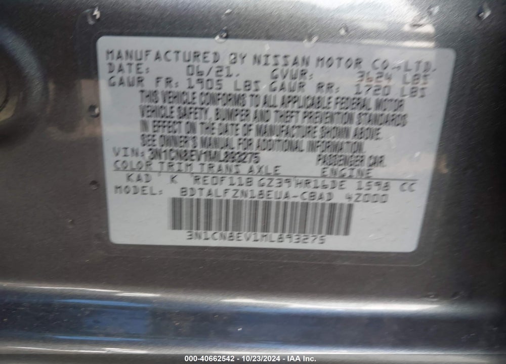 2021 NISSAN VERSA SV XTRONIC CVT VIN: 3N1CN8EV1ML893275
