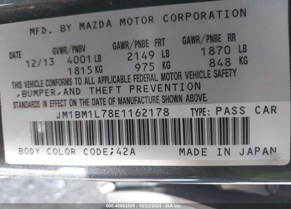 2014 MAZDA 3 I TOURING VIN: JM1BM1L78E1162178