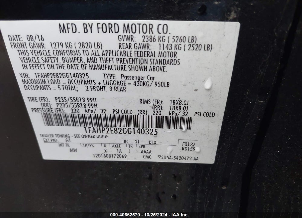 2016 FORD TAURUS SEL VIN: 1FAHP2E82GG140325