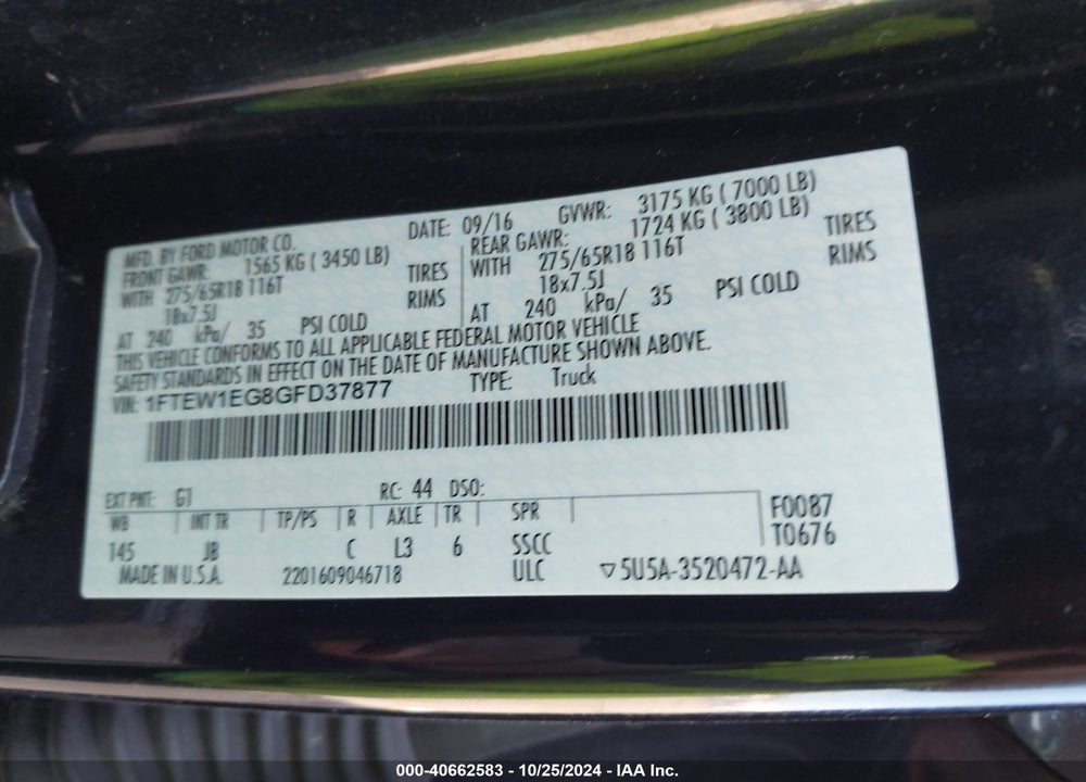 2016 FORD F-150 XLT VIN: 1FTEW1EG8GFD37877
