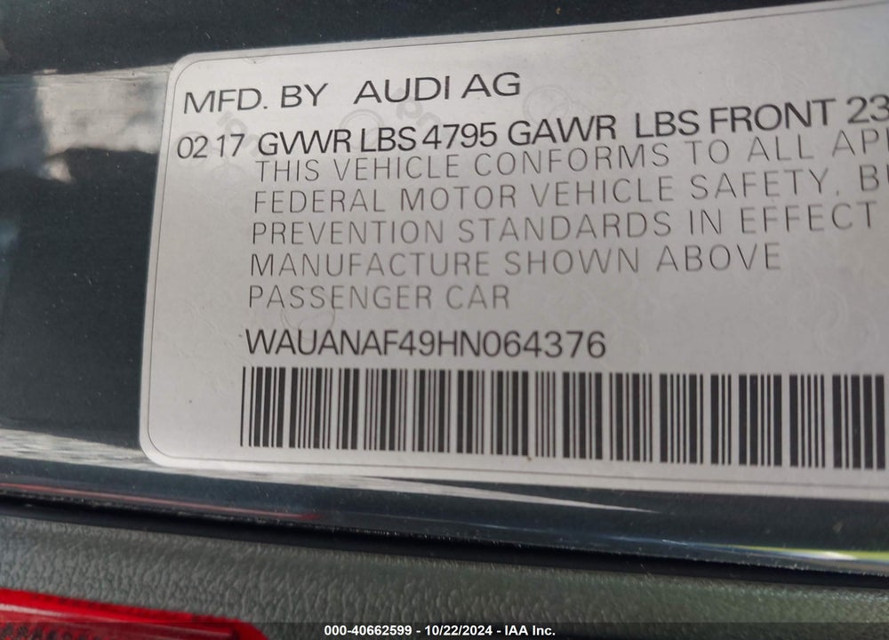 2017 AUDI A4 2.0T PREMIUM VIN: WAUANAF49HN064376
