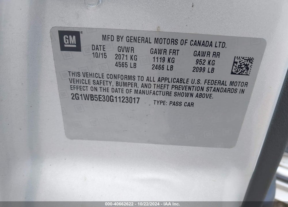 2016 CHEVROLET IMPALA LIMITED LT VIN: 2G1WB5E30G1123017