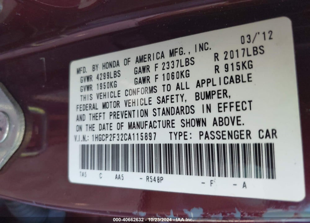 2012 HONDA ACCORD 2.4 LX VIN: 1HGCP2F32CA115897