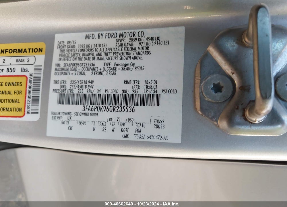 2016 FORD FUSION TITANIUM VIN: 3FA6P0K96GR235536