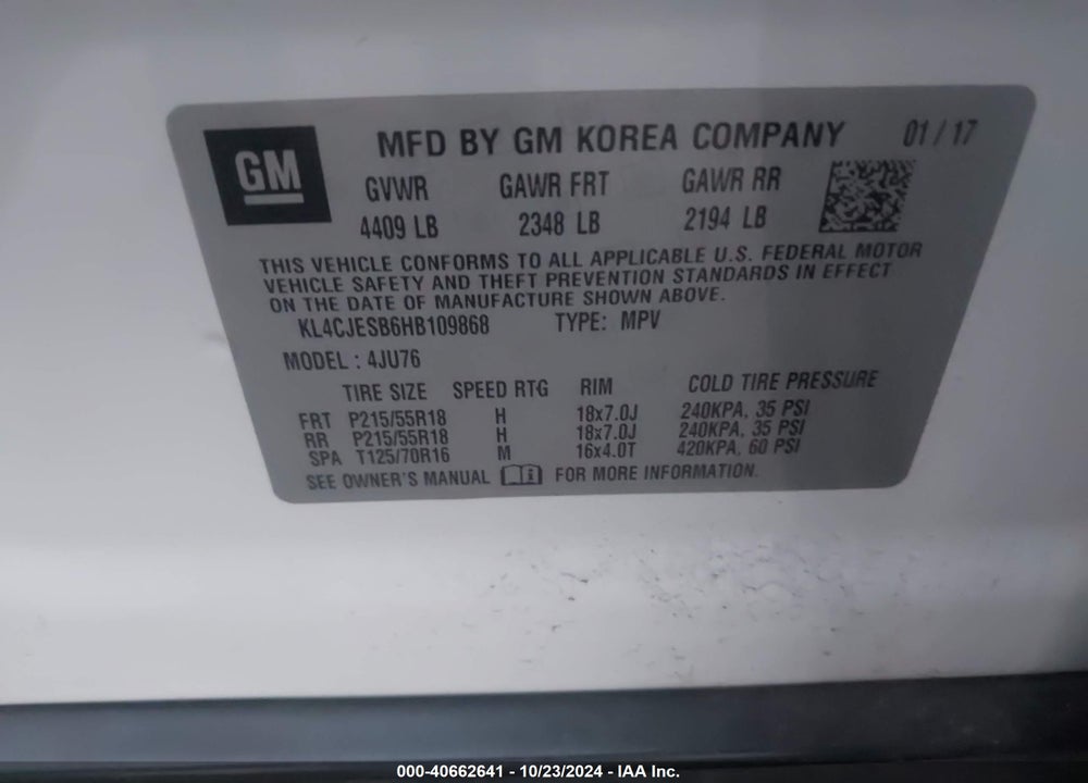 2017 BUICK ENCORE PREFERRED VIN: KL4CJESB6HB109868