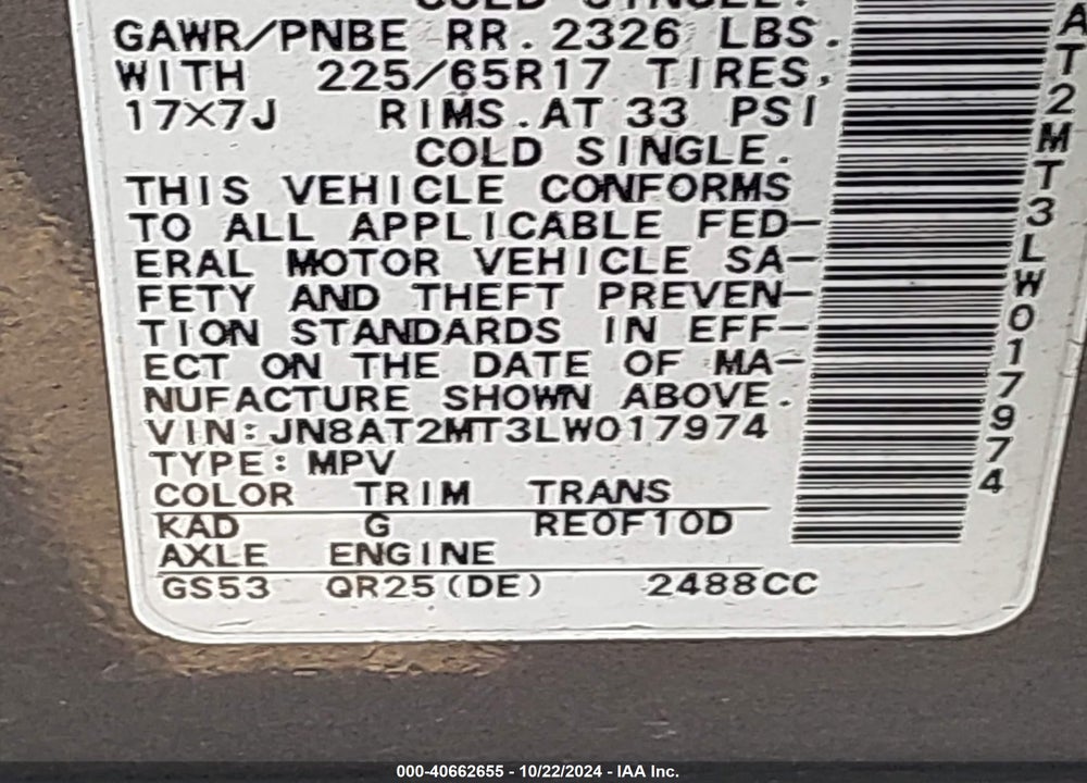 2020 NISSAN ROGUE S FWD VIN: JN8AT2MT3LW017974