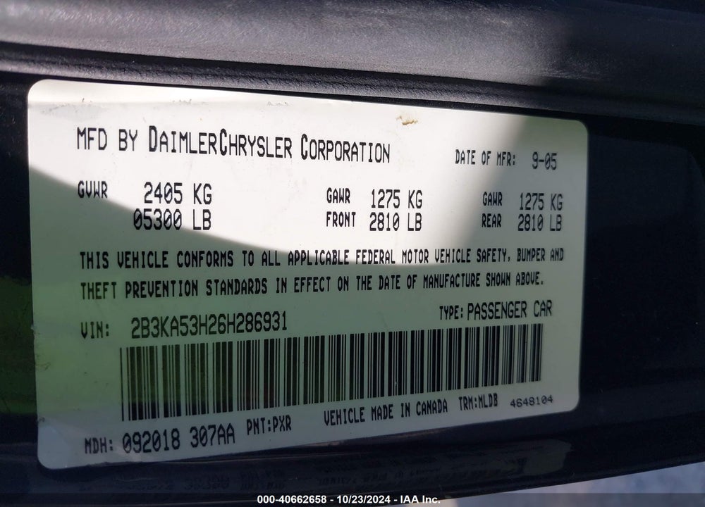 2006 DODGE CHARGER RT VIN: 2B3KA53H26H286931
