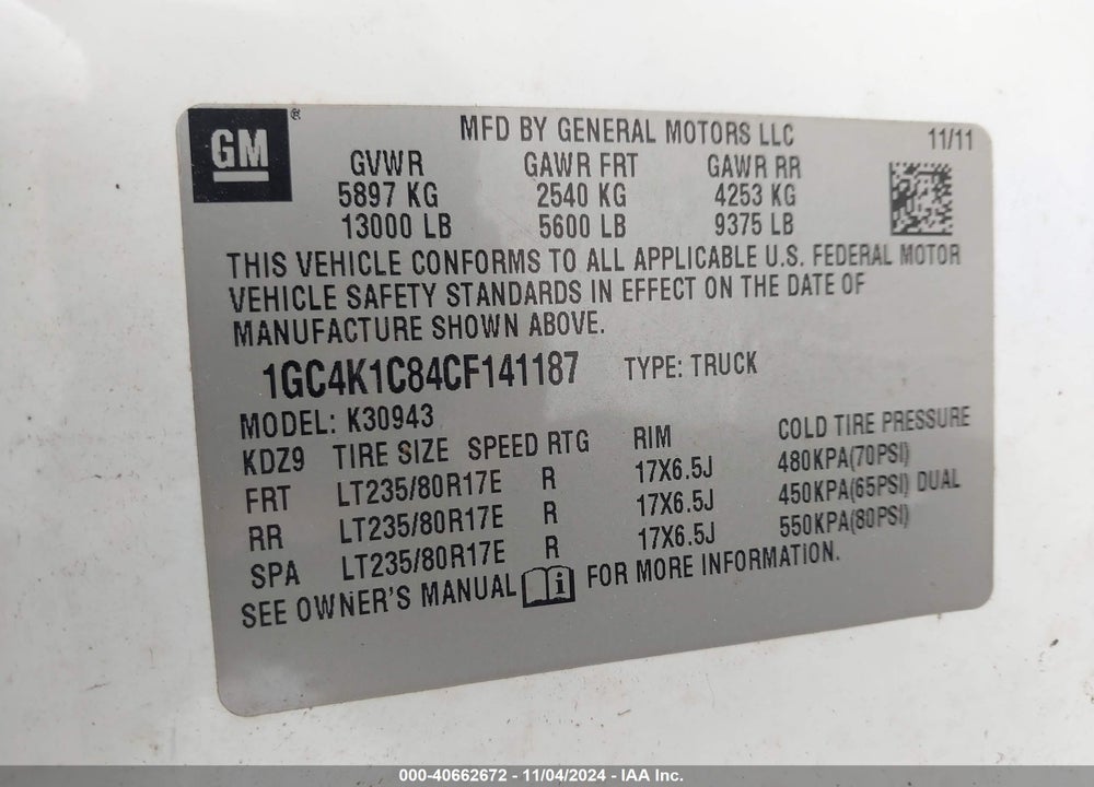 2012 CHEVROLET SILVERADO 3500HD LTZ VIN: 1GC4K1C84CF141187