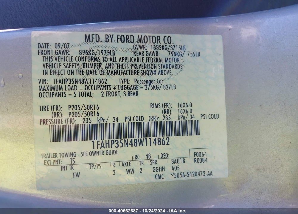 2008 FORD FOCUS SE/SES VIN: 1FAHP35N48W114862